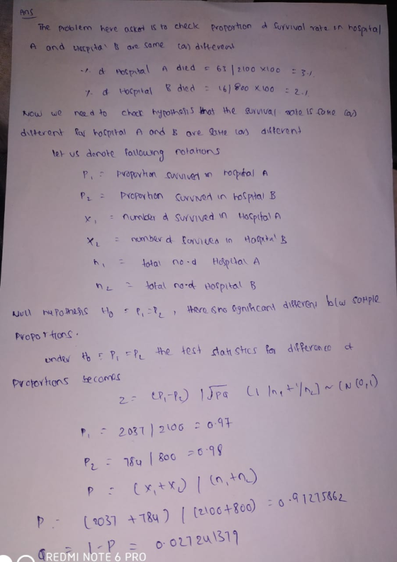 The pioblem heve ocked is to check proportonvival rate in hospta d optal dhed 161 960 x 100 -2.1 Yel us denote falouwng nota os propo γ tons. Prctorttons secomes 2031 21060 9 goO (2106+300)12162 0272 I31 REDMI NOTE 6 PRO