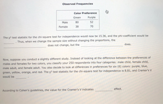 Observed Frequencies Color Preference Green Purple 80 38 Male Female The X2 test statistic for the chi-square test for indepe