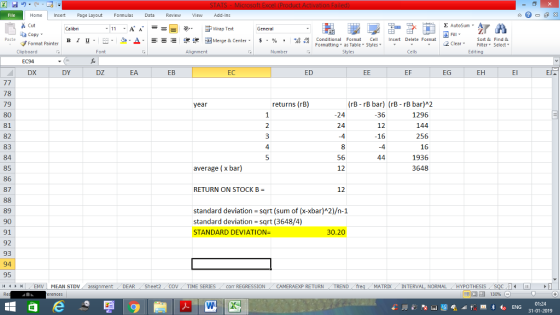 Home nert Page Layout Formulas Data Review View dd-Ins Cut Σ AutoSum ー E ゴWrap Text ta copy ▼ B า 프 . Ej-., Δ. : r_一 逻锂函Merge & Center. $, % , 弼,8 Conditional Format CeInsert Delete Format Formatting, as Table w styles. ▼ ㆆ ▼ Sort &Find & 2 ClearFe Select Edting Format Painter Clipboard Alignment Number Cells DX DY DZ EA EB EC ED EF EG EH El 78 79 80 81 82 83 84 85 86 87 returns (rB) (rB rB bar) (rB - rB bar)A2 1296 144 256 16 1936 3648 year 24 36 12 16 3 4 56 12 average (x bar) RETURN ON STOCK B 12 standard deviation -sqrt (sum of (x-xbar) 2)/n-1 standard deviation sqrt (3648/4) STANDARD DEVIATION= 89 91 92 93 94 95 4EMV MEAN STDV 30.20 DEAR Sheet2 TIME SERIES com REGRESSIONCAMERAEXP RETURNTREND freg MATRIXINTERVAL, NORMALHYPOTHESIS 01:24 31-01-2019
