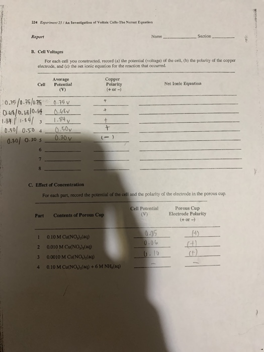 224 Experiment 25/An lavestigatios of Veitaie Cells-The Nerast Equation Section Report B. Cell Voltages For each cell you con