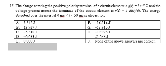 15. The charge entering the positive polarity terminal of a circuit element is (t) = 32-2 C and the voltage present across th