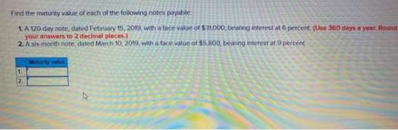 Find the maturity value of each of the following notes payable: 1. A 120-day note, dated February 15, 2019, with a face value