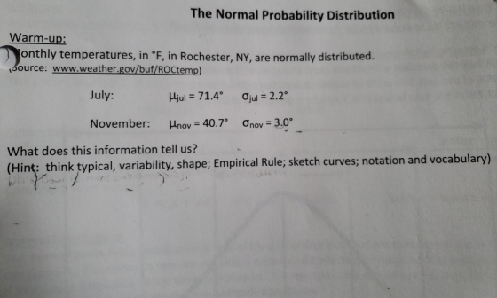 The Normal Probability Distribution Warm-up: onthly temperatures, in °F, in Rochester, NY, are normally distributed. source: www.weather.gov/buf/ROCtemp) July: jul 71.4° Ơju,-2.2° November: nov-40.7 Ơnov-3.0° What does this information tell us? Hint think typical, variability, shape; Empirical Rule; sketch curves; notation and vocabulary)