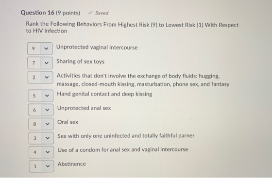 Question 16 (9 points) Saved Rank the following Behaviors From Highest Risk (9) to Lowest Risk (1) With Respect to HIV infect