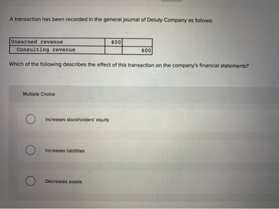 A transaction has been recorded in the general journal of Deluty Company as follows: 600 Unearned revenue Consulting revenue