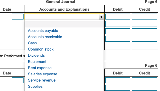 General Journal Page 6 Date Accounts and Explanations Debit Credit Accounts payable Accounts receivable Cash Common stock 8: Performed s Dividends Equipment Rent expense Salaries expense Service revenue Supplies Page 6 Date Debit Credit