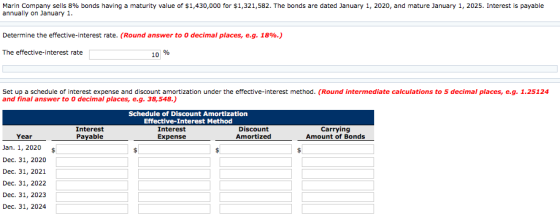 Marin Company sells 8% bonds having a maturity value of $1,430,000 for $1,321,582. The bonds are dated January 1, 2020, and m