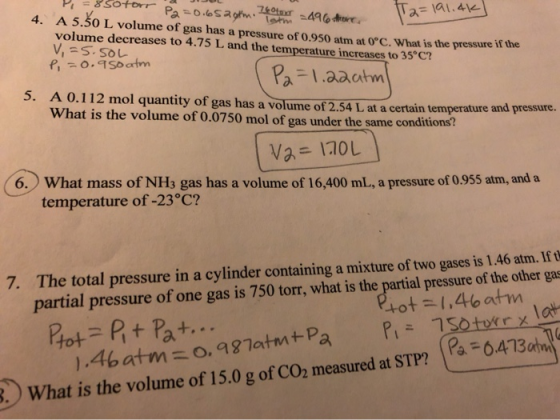 Ta=191.4k| 4 P = 850 forr Pa -0.65 om. 2496 ore A 5.50 L volume of gas has a pressure of 0.950 atm at 0°C. What is the pressu