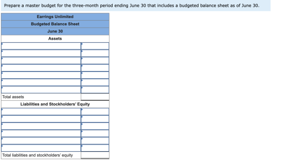 Prepare a master budget for the three-month period ending June 30 that includes a budgeted balance sheet as of June 30. Earri