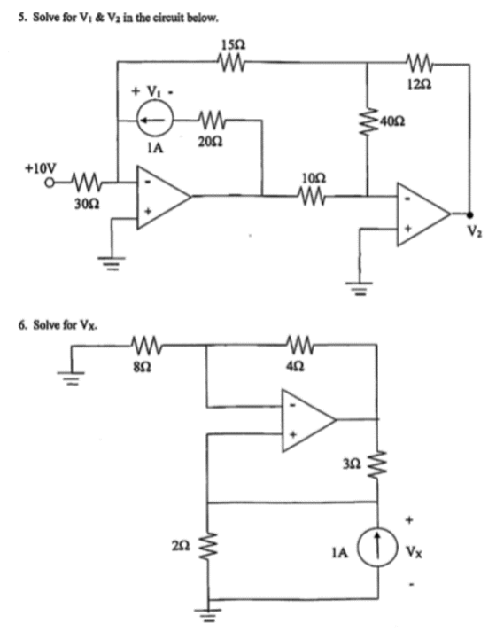 Solve for Vi &Va in the circuit below. 15Ω 122 40Ω 200 IA +10V 10Ω 30Ω 6. Solve for Vx 82 40 32 252 IA