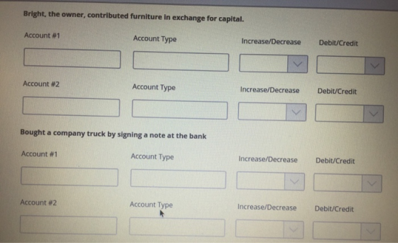 Bright, the owner, contributed furniture in exchange for capital. Account #1 Account Type Increase/Decrease Debit/Credit Acco
