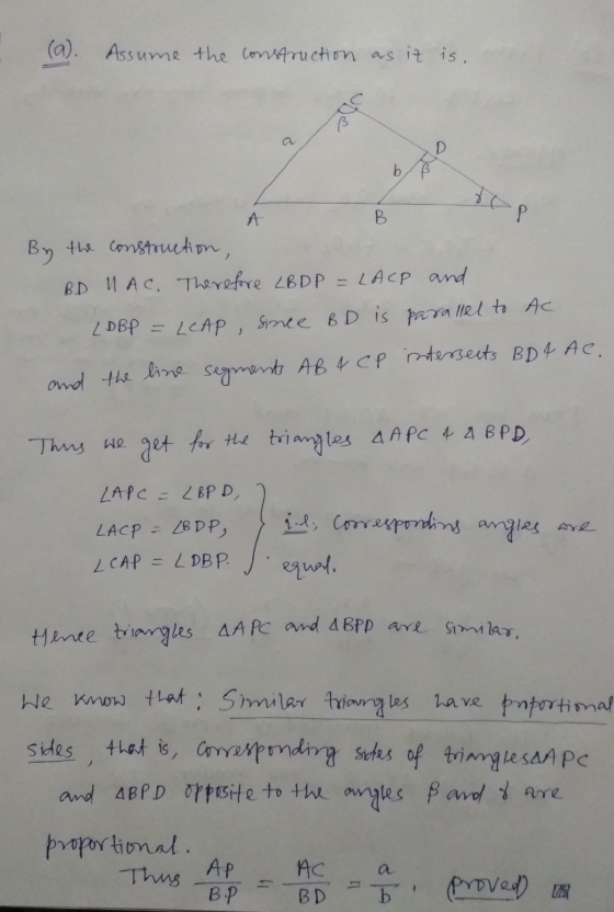 (a). Assume the construction as it is. By the construction, BD MAC. Therefore LB DP = LACP and LDBP = LEAP, since BD is paral