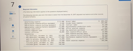 Required information The following information a s to the questions and below The following calendar year-end information is