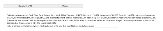 Question 6 of 10 2 Points Following data pertains to Castle State Bank. Balance Sheet: Cash 97.842, Securities 614.237, Net l