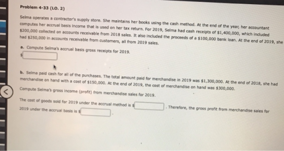 Problem 4-33 (LO. 2) Selma operates a contractors supply store. She maintains her books using the cash method. At the end of