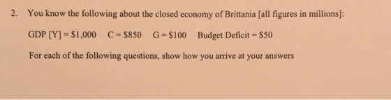2. You know the following about the closed economy of Brittania [all figures in millions]: GDP [Y]-$1,000 C S850 G S100 Budget Deficit S50 For each of the folloing questions, show how you arive at your answers