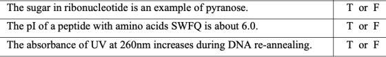Tor F The sugar in ribonucleotide is an example of pyranose. The pl of a peptide with amino acids SWFQ is about 6.0. The abso