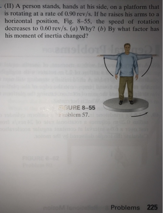 . (II) A person stands, hands at his side, on a platform that is rotating at a rate of 0.90 rev/s. If he raises his arms to a horizontal position, Fig. 8-55, the speed of rotation decreases to 0.60 rev/s. (a) Why? (b) By what factor has his moment of inertia changed? SURE 8-55 Problems 225