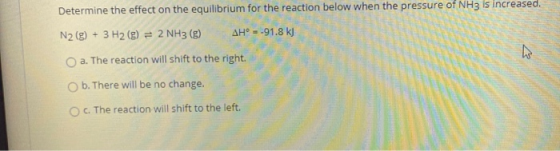 Determine the effect on the equilibrium for the reaction below when the pressure of NH3 is increased. N2(g) + 3 H2(g) = 2 NH3
