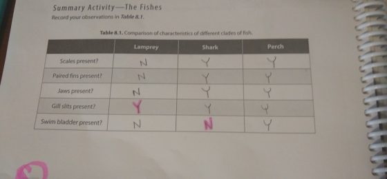 Summary Activity-The Fishes Record your observations in Table 8.1. Table 8.1. Comparison of characteristics of different clad
