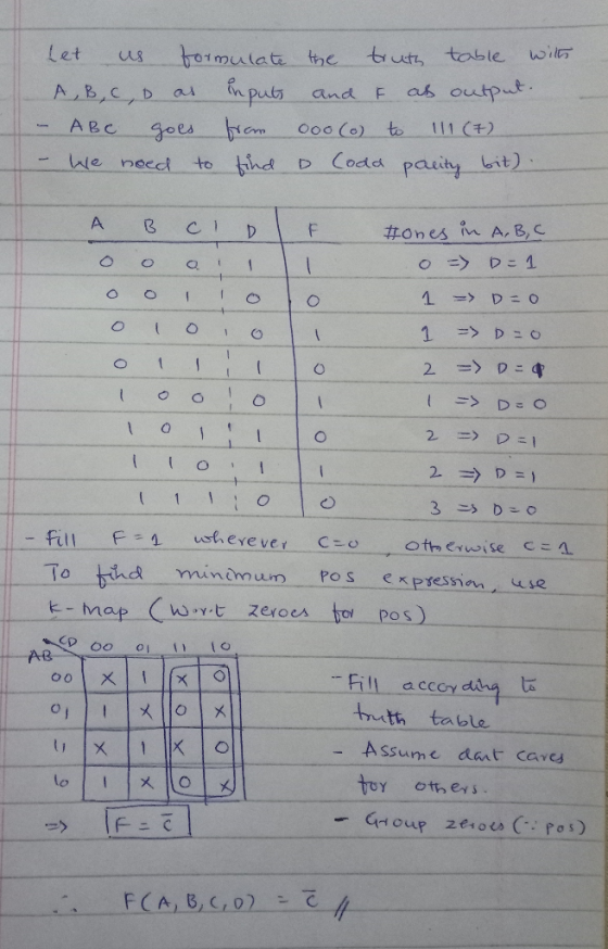 Let us formulate the truth table with A, B, C, D as inputs and F as output. - ABC goes from 00o (o) to 111 (7) - We need to f