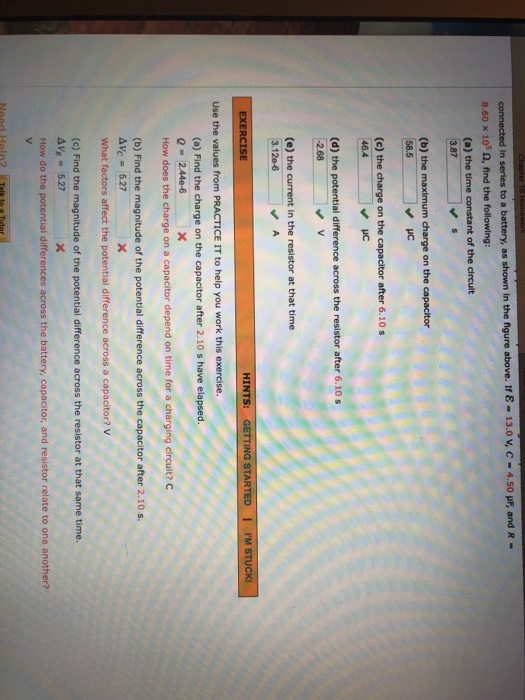 8.60 x 105 Ω- find the following (a) the time constant of the circult HC 46.4 HC 68 (e) the current in the resistor at that t