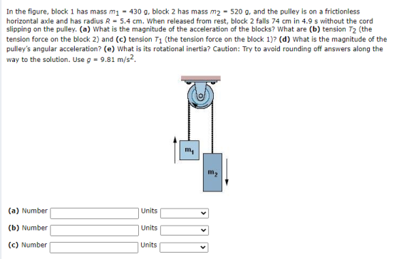 In the figure, block 1 has mass mi = 430 g, block 2 has mass m2 = 520 g, and the pulley is on a frictionless horizontal axle