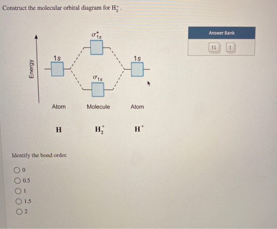 Construct the molecular orbital diagram for H. Answer Bank Energy Atom Molecule Atom Identify the bond order. Oo O 0.5 01 1.5