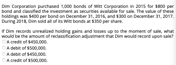 Dim Corporation purchased 1,000 bonds of Witt Corporation in 2015 for $800 per bond and classified the investment as securiti