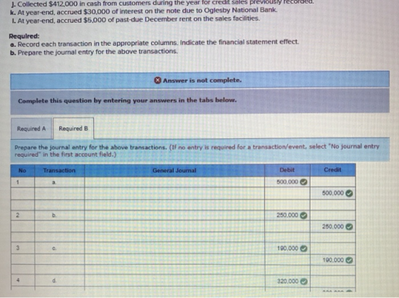 J. Collected $412,000 in cash from customers during the year for credit sales previously k. At year-end, accrued $30,000 of i