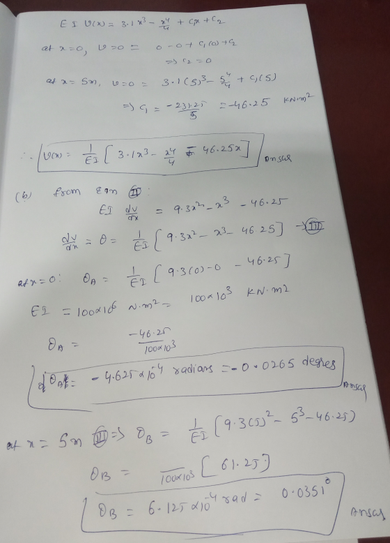 EI U(a)= 3.1 x3 – Ч + CA + C2 at x x=0 eo - o-ote, (o) tą s r2 = 0 at a=sm, oso - 3.165,35 + 0,05) KNom2 =) - - 23:25 2-46.25