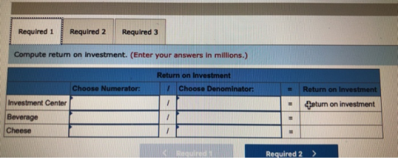 Required 1 Required 2 Required 3 Compute return on investment. (Enter your answers in millions.) Return on Investment Choose