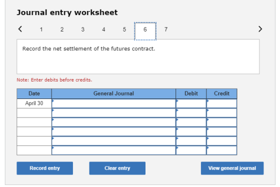 Journal entry worksheet < 1 2 3 4 5 6 7 Record the net settlement of the futures contract. Note: Enter debits before credits.