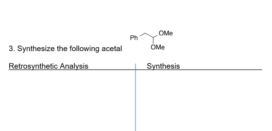 Ph y Ome 3. Synthesize the following acetal Me Retrosynthetic Analysis | Synthesis
