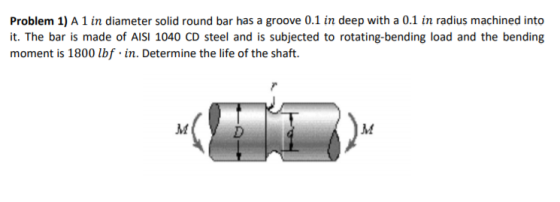 Problem 1) A 1 in diameter solid round bar has a groove 0.1 in deep with a 0.1 in radius machined into t. The bar is made of AISI 1040 CD steel and is subjected to rotating-bending load and the bending moment is 1800 lbf in. Determine the life of the shaft.