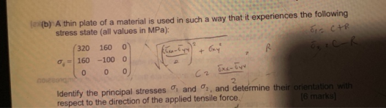 2 0 + Oxy Os z CR la(b) A thin plate of a material is used in such a way that it experiences the following stress state (all