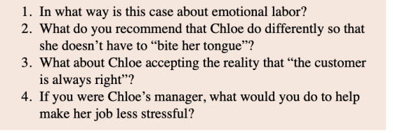 1. In what way is this case about emotional labor? 2. What do you recommend that Chloe do differently so that she doesnt hav