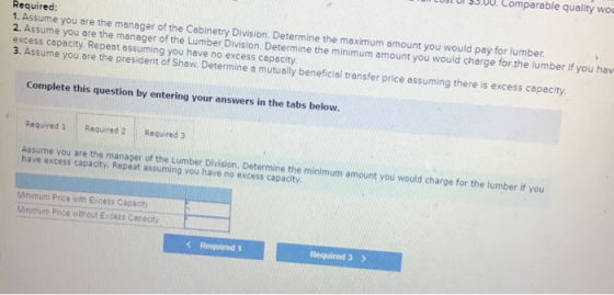 TOILULUI $9.00. Comparable quality wod Required: 1. Assume you are the manager of the Cabinetry Division. Determine the maxim