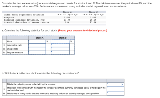 Consider the two (excess return) index-model regression results for stocks A and B. The risk-free rate over the period was 8%