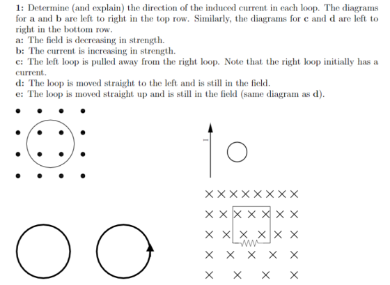 1: Determine (and explain) the direction of the induced current in each loop. The diagrams for a and b are left to right in t