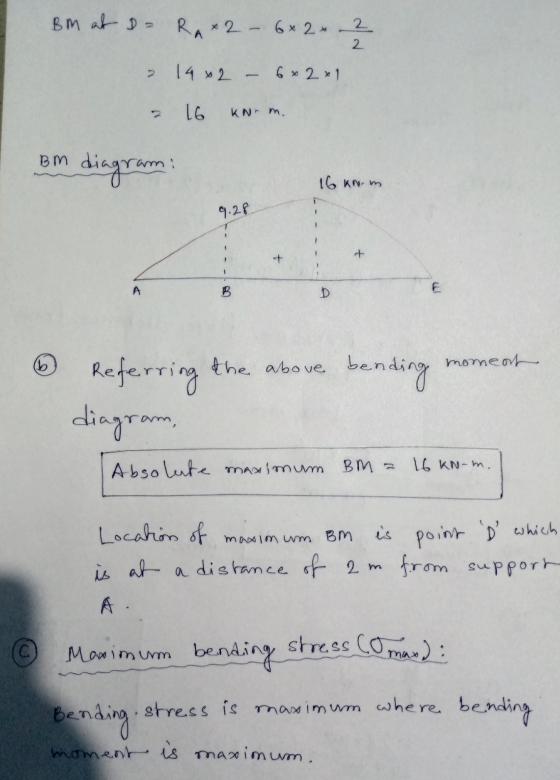 BM at D- RAx2 - 6x2 - 2 2 2 14x2 - 6 x 2 x 1 16. KN- m. Bm diagram: 16 koom 9.28 t + B D (b the above momeart bending Referri
