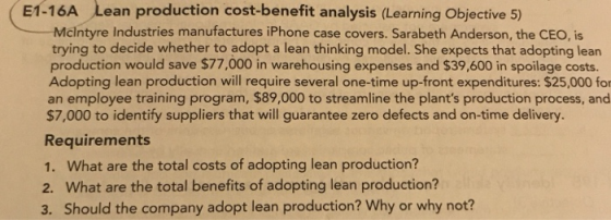 E1-16A Lean production cost-benefit analysis (Learning Objective 5) Mclntyre Industries manufactures iPhone case covers. Sarabeth Anderson, the CEO, is trying to decide whether to adopt a lean thinking model. She expects that adopting lean production would save $77,000 in warehousing expenses and $39,600 in spoilage costs. Adopting lean production will require several one-time up-front expenditures: $25,000 for an employee training program, $89,000 to streamline the plants production process, and $7,000 to identify suppliers that will guarantee zero defects and on-time delivery Requirements 1. What are the total costs of adopting lean production? 2. What are the total benefits of adopting lean production? 3. Should the company adopt lean production? Why or why not?