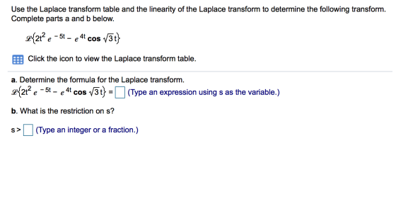 Use the Laplace transform table and the linearity of the Laplace transform to determine the following transform. Complete par