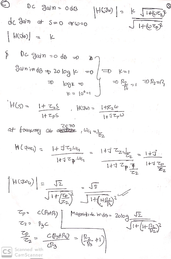 © DC gains = odB IHCVA) |- k Viet? dc gain at s=0 9600 J Hope 1 Hcpio)] = k & Do gain to do a B . gain in dB + 20log k zo / K