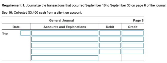 Requirement 1. Journalize the transactions that occurred September 16 to September 30 on page 6 of the journal Sep 16: Collected $3,400 cash from a client on account. General Journal Page 6 Date Accounts and Explanations Debit Credit Sep