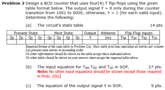Problem 2 Design a BCD counter that uses four(4) T flip-flops using the given table format below. The output signal Y = 0 onl