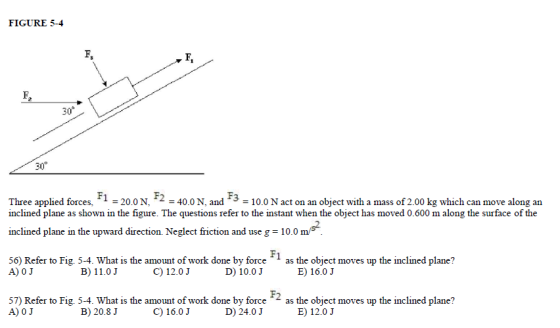 FIGURE 5-4 2 30 30° F2 =40.0 N, and Three applied forces, 1 inclined plane as shown in the figure. The questions refer to the