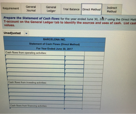 General Requirement General Direct MethodE Indirect Journal Ledger Trial Balance Prepare the Statement of Cash flows for the year ended June 30, 201 7 using the Direct Met T-account on the General Ledger tab to identify the sources and uses of cash. List casl values. Unadjusted BARCELONA INC. Statement of Cash Flows (Direct Method) For Year Ended June 30, 2017 Cash flows from operating activities: Cash flows from investing activities Cash flows from financing activities