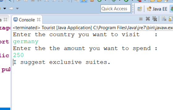 Quick Access # Java EE X @ Console X XE kage <terminated> Tourist [Java Application] C:\Program Files\Java\jre7\bin\javaw.ex