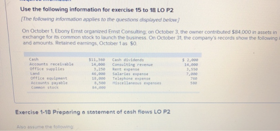 Use the following information for exercise 15 to 18 LO P2 [The following information applies to the questions displayed below